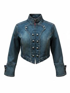 Vintage Y2K Miss Lili Military Cropped Denim Jacket Stud Buttons Baroque